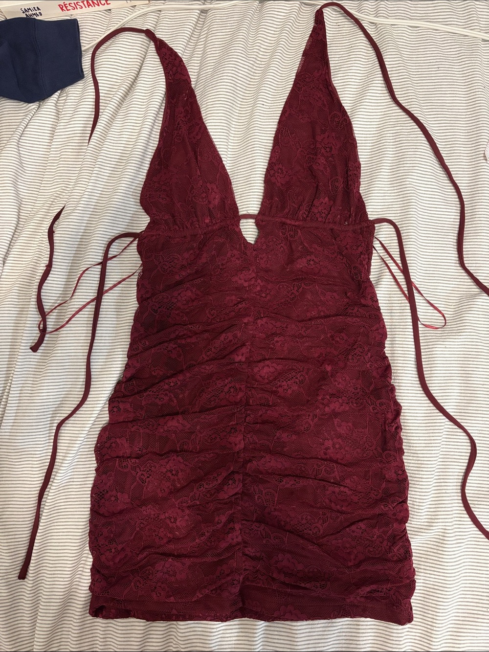 Plunging Dark Red Lace Mini Dress